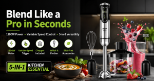 Turelar Immersion Blender Handheld 1100W Review set with chopper, whisk and frother attachments